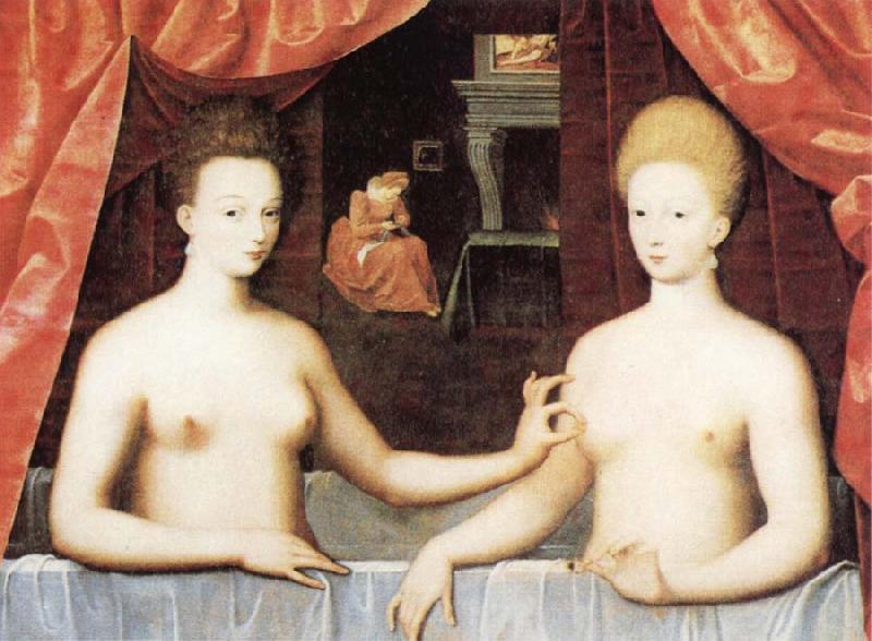School of Fontainebleau Gabrielle d'Estrees and One of he Sisters in the Bath Germany oil painting art